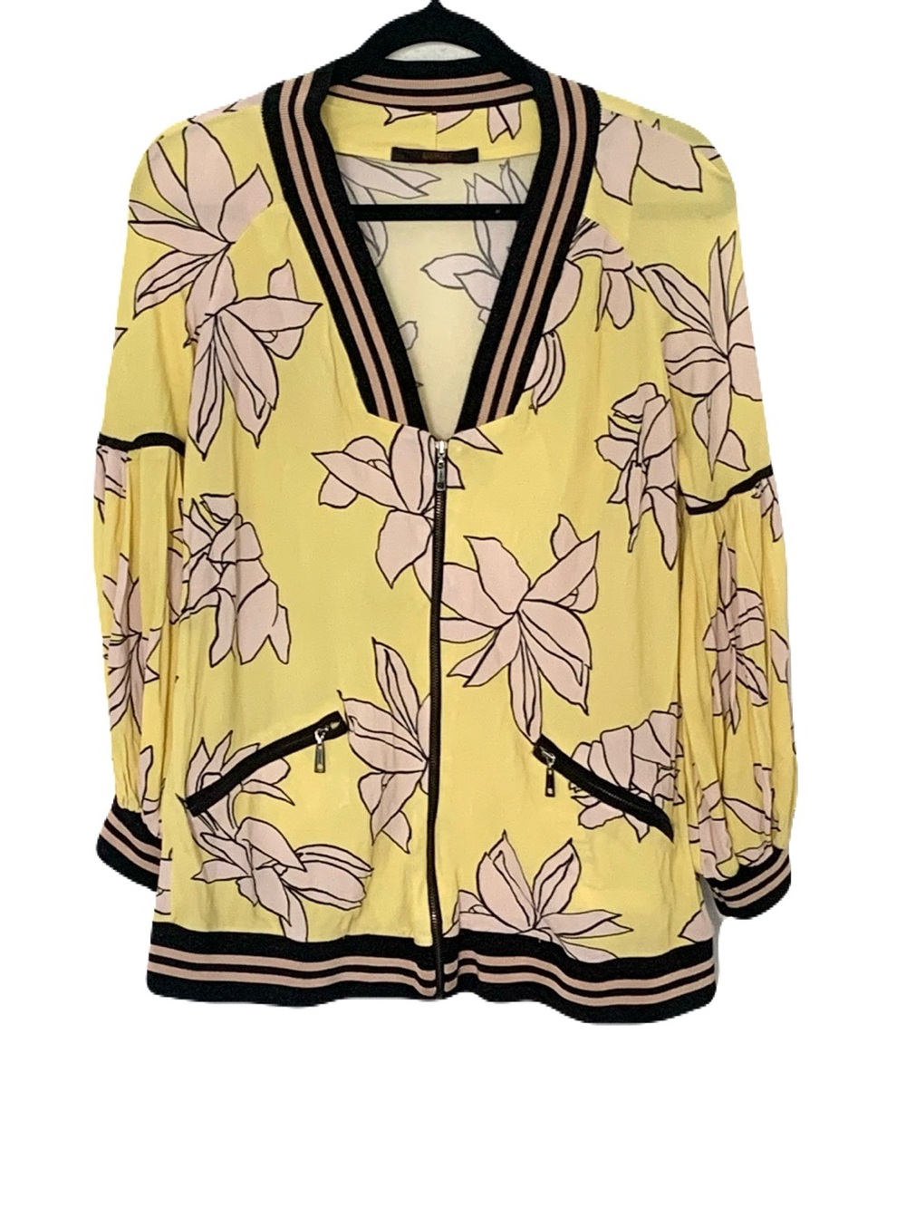 Animale Women’s P/Small Yellow Floral Zip-Front Bomber Jacket Artsy Oversized